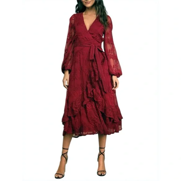 Lulu's Faux Wrap Midi Dress Large Party Holiday Chiffon Embroidered Asymmetrical - Picture 6 of 17
